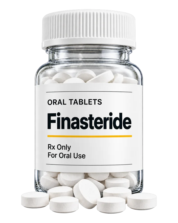 Bottle of Beema Health oral finasteride tablets, generic Propecia for men's hair loss