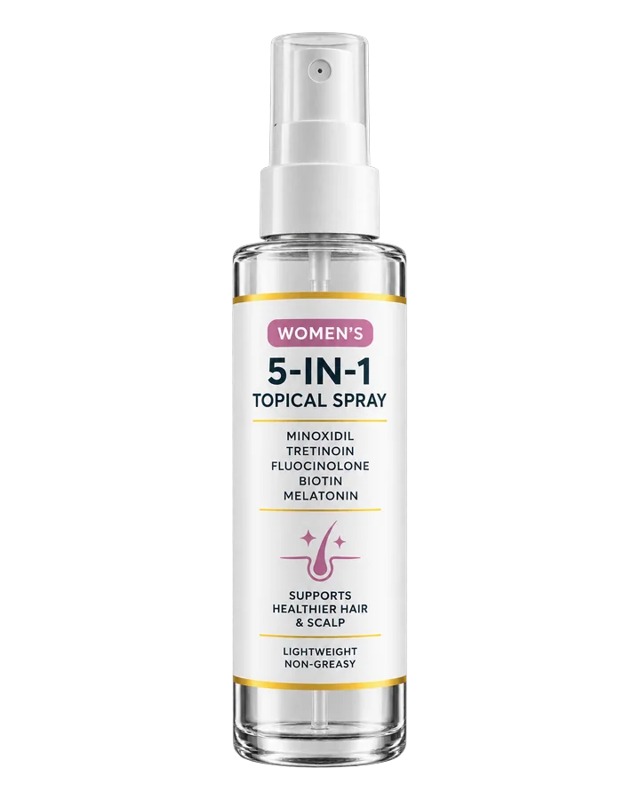 Bottle of Beema Health compounded hair loss spray for women with minoxidil, tretinoin, fluocinolone, biotin, and melatonin