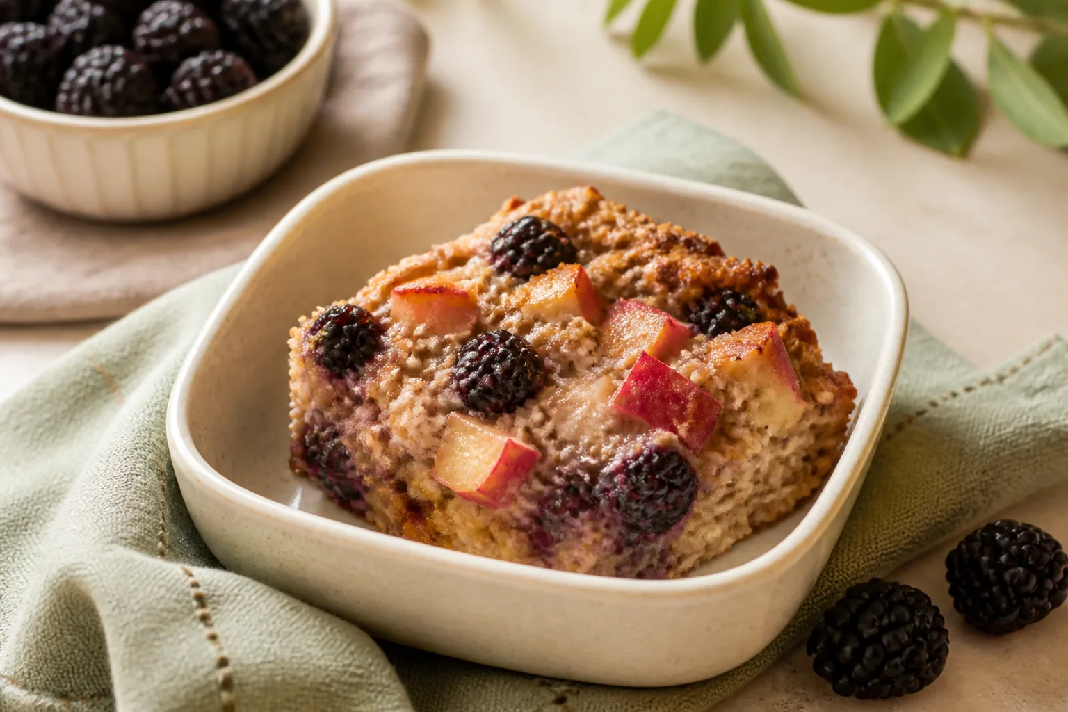 Apple and blackberry oat-bran breakfast bake served in a small dish