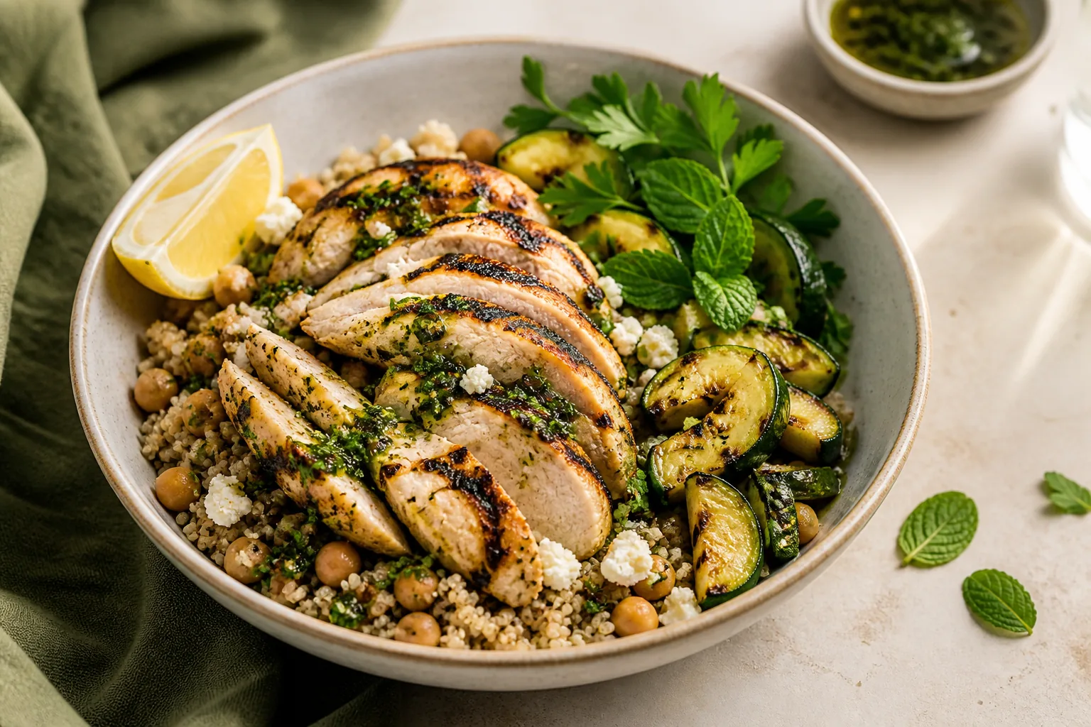 Charred lemon chicken quinoa bowl with chickpeas, zucchini, herbs, and feta