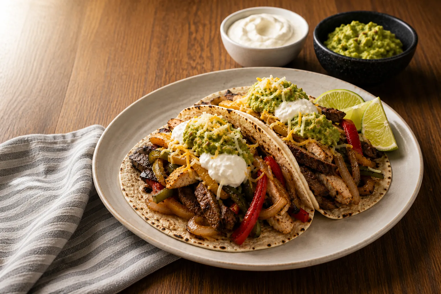 Chicken and beef fajitas in low-carb tortillas with peppers, onion, guacamole, sour cream, and Colby-Jack