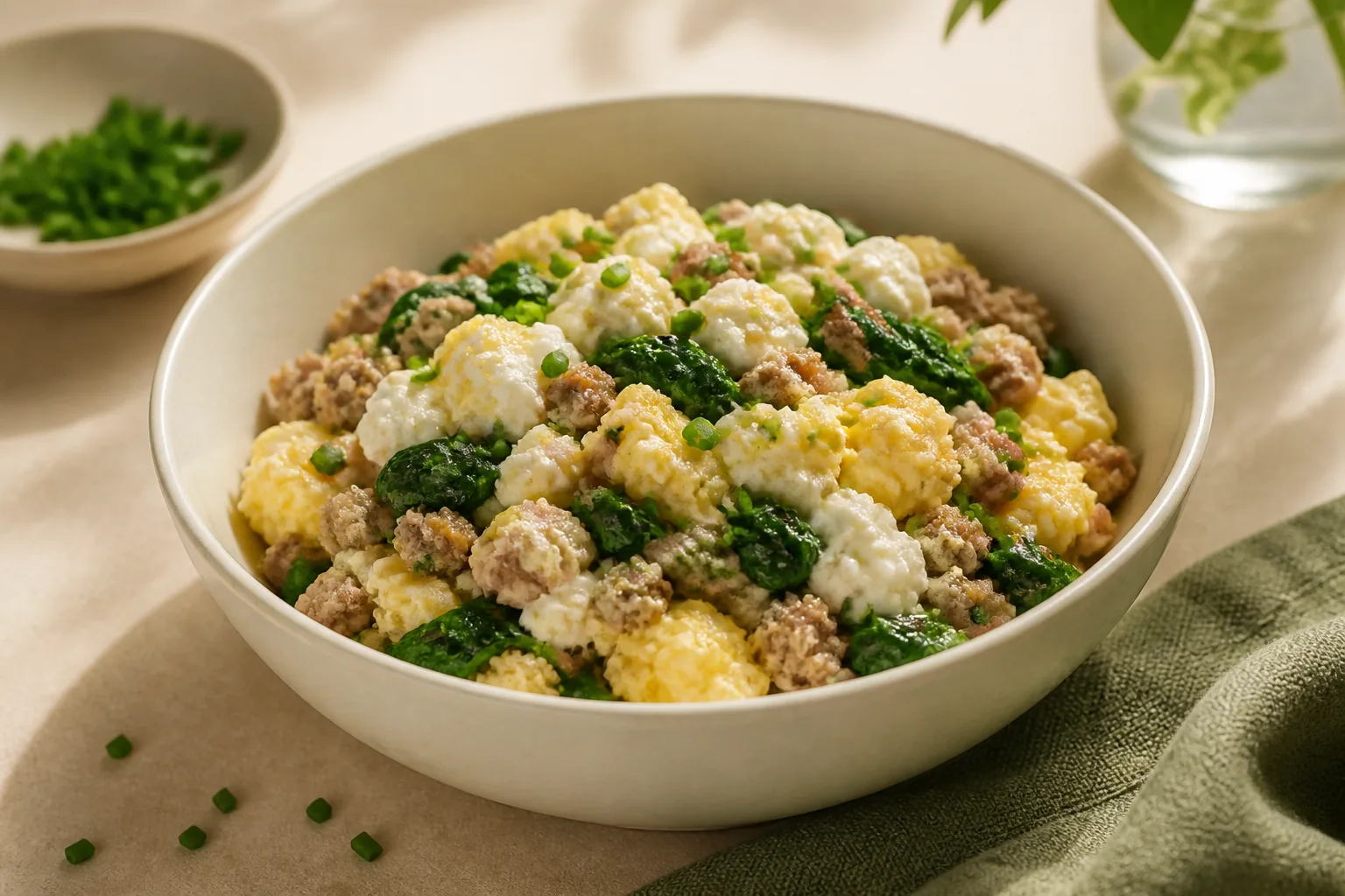 Herbed turkey and cottage cheese breakfast scramble with spinach and chives