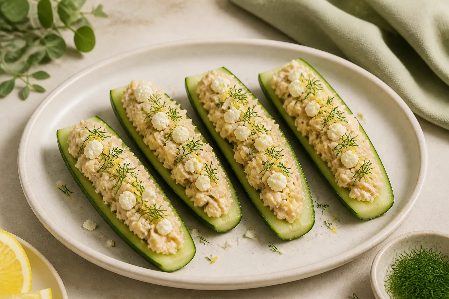 Cucumber boats filled with lemon-herb chicken, hummus, and feta