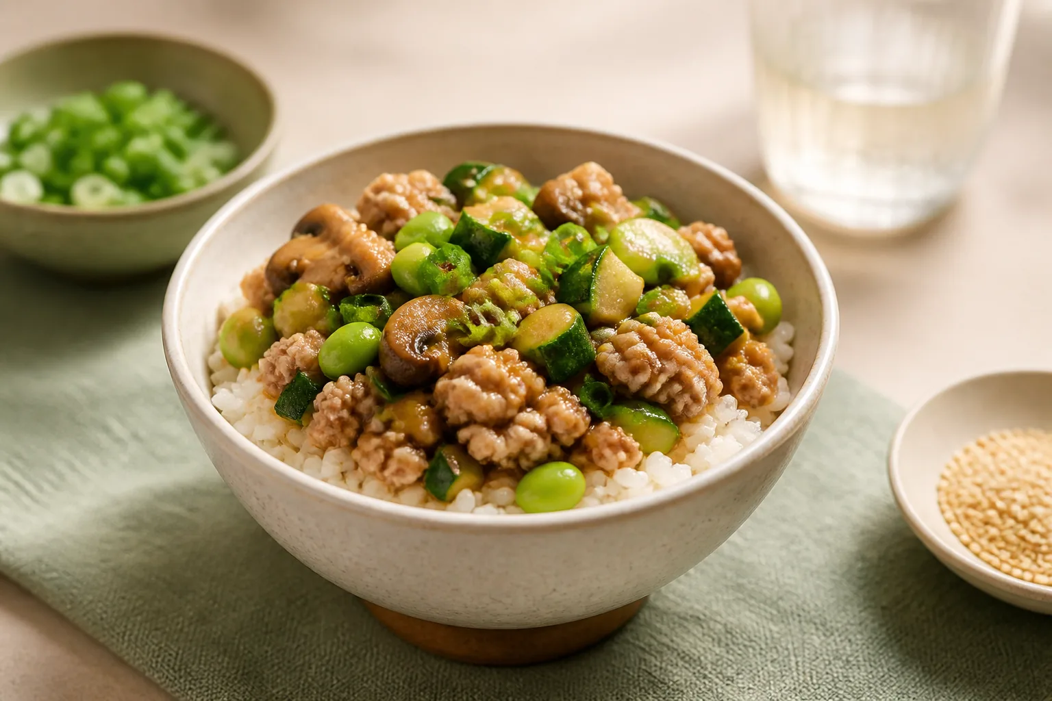 Miso-ginger turkey with edamame and rice in a compact bowl