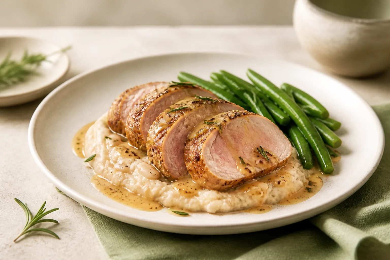 Mustard-rosemary pork tenderloin over white bean mash with green beans