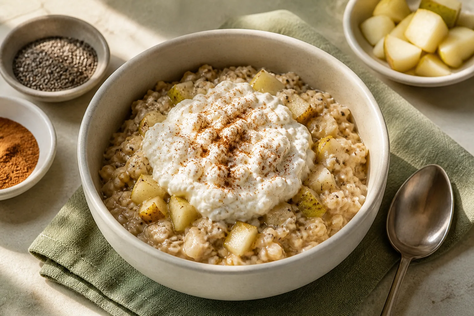 Pear-chia oatmeal topped with cinnamon cottage cream in a breakfast bowl