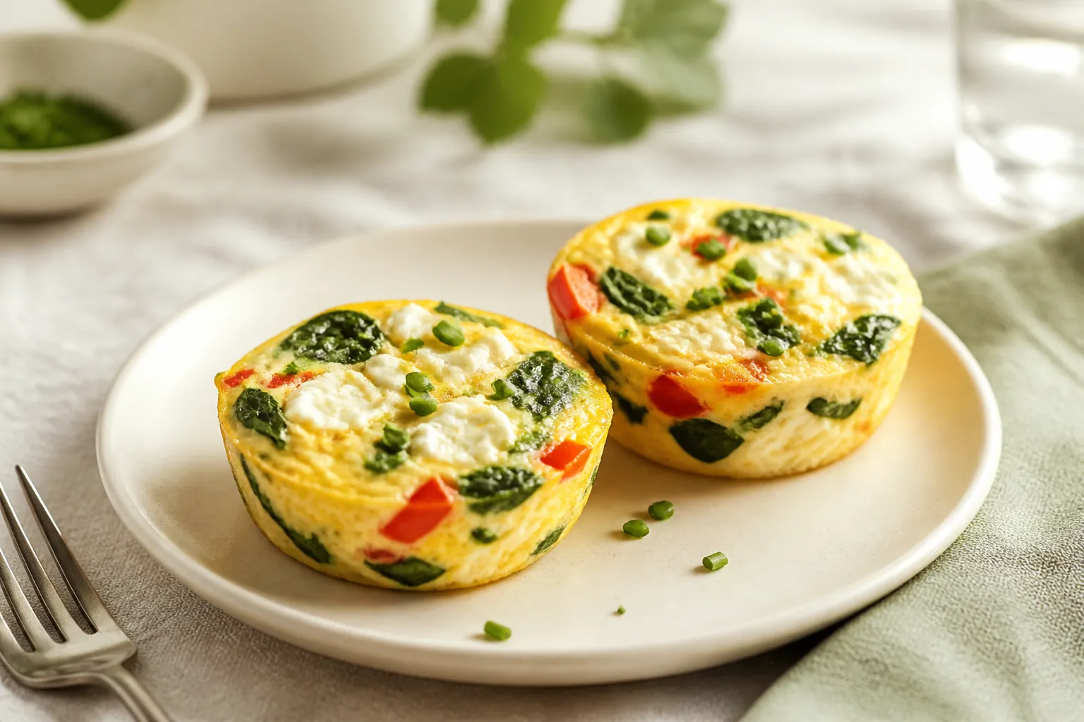 Roasted pepper, spinach, and feta mini frittatas on a small plate