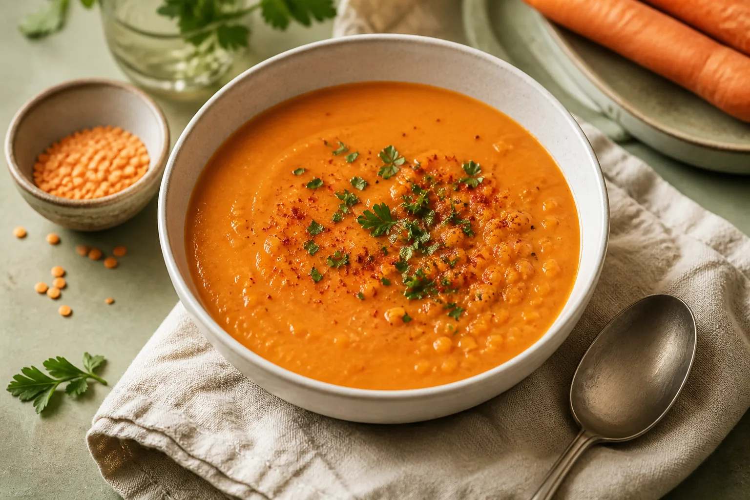 Smoky red lentil and carrot soup finished with chopped parsley
