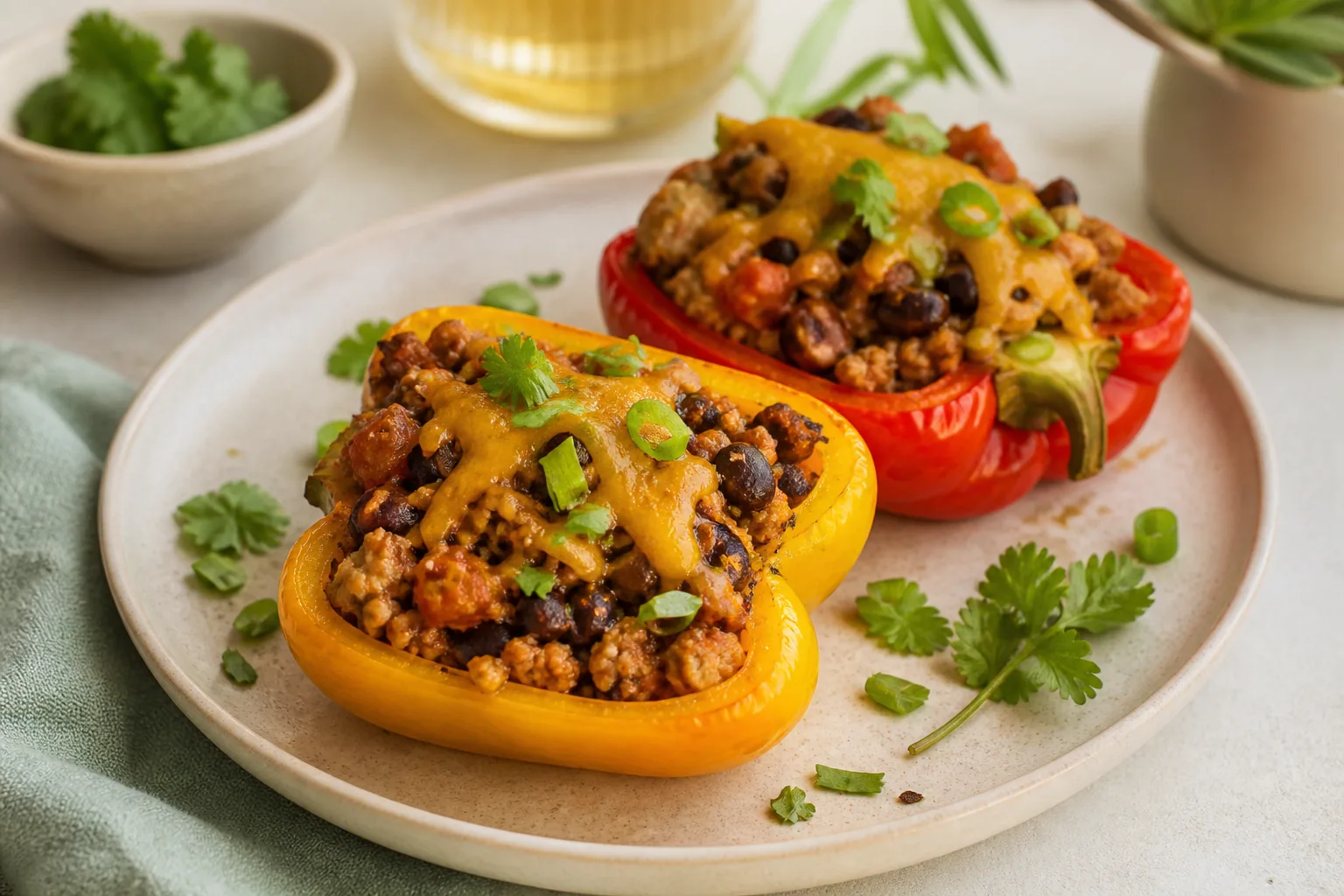 Bell peppers filled with smoky turkey, black beans, salsa, and melted cheddar