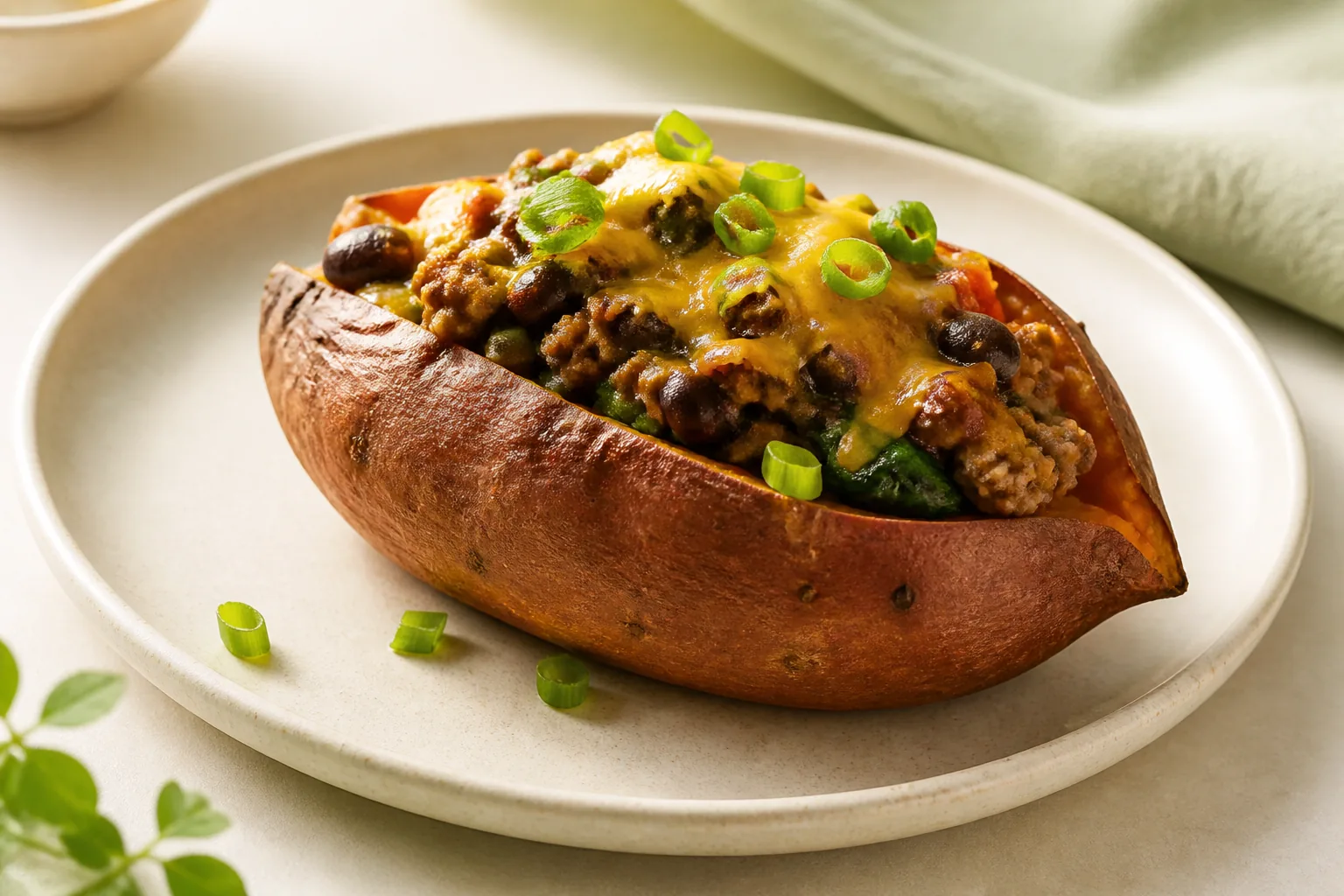 Roasted sweet potatoes filled with turkey, black beans, spinach, salsa, and cheddar