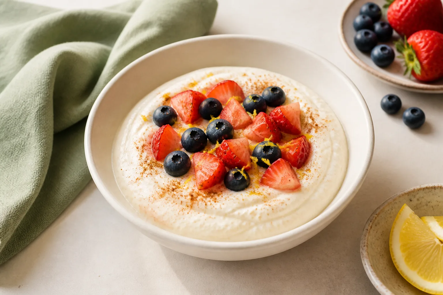 Vanilla-lemon ricotta bowl topped with fresh berries and cinnamon